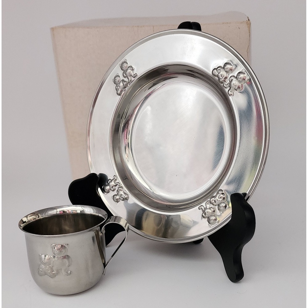 Selandia Baby Plate Cup Set 18/8 Stainless Japan Silver Teddy Bears EXC